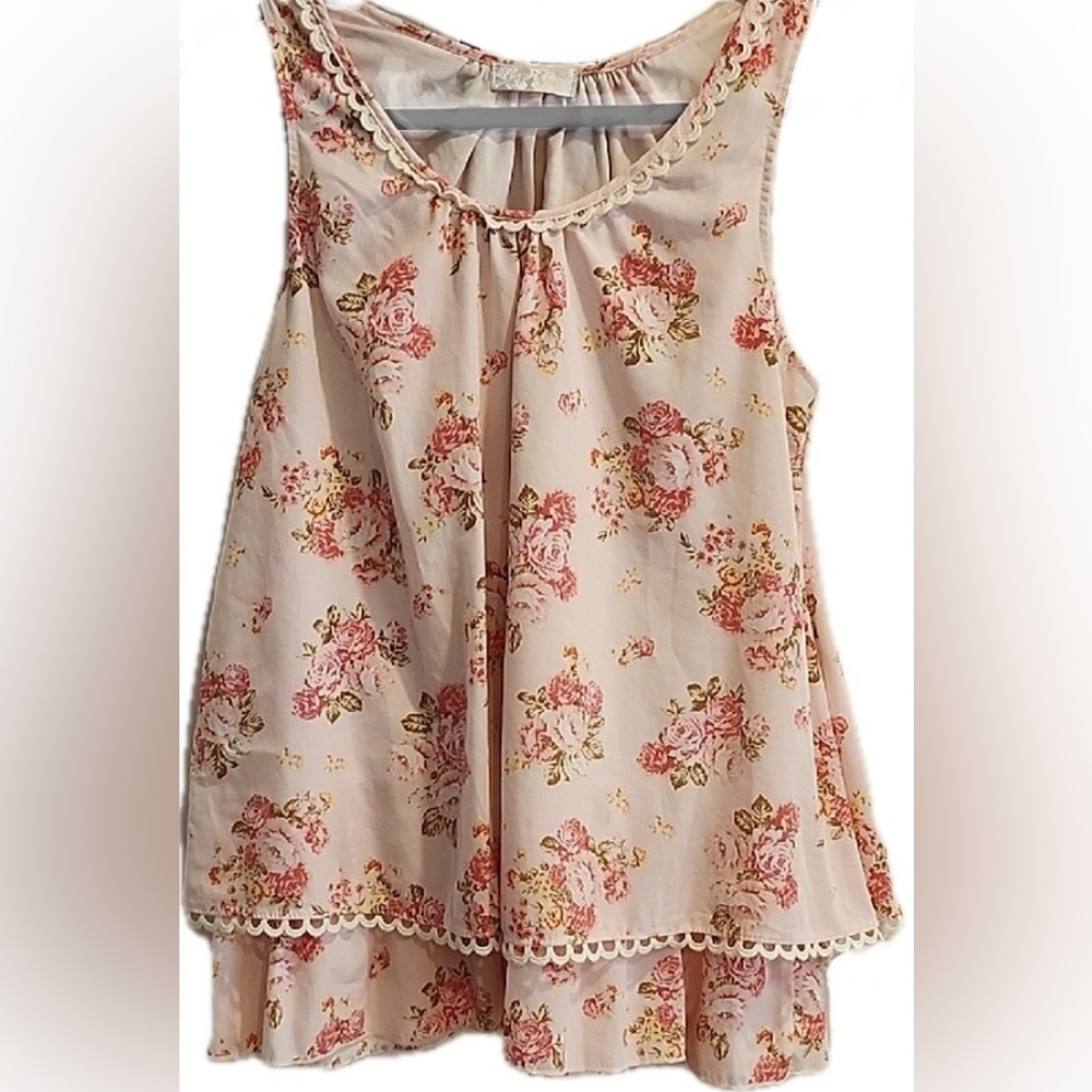 LIZ LISA Japan Floral Baby Doll Pink Sleeveless Top Lolita Kawaii Flower Ruffle